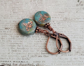 Antiqued Copper Bee Earrings: Turquoise Czech Glass Leverbacks