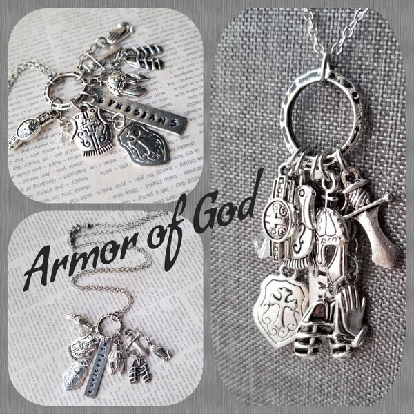 Armor of God Cluster Pendant Necklace, Silver Armor of God Charm Necklace, Ephesians, Scripture, Cluster Pendant Necklace, Long Boho