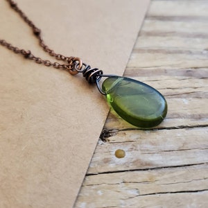 Minimal Olive Green Glass Teardrop Pendant in Oxidized Copper, Chartreuse, Olivine Teardrop Necklace, Wire wrap Copper, Avocado Green