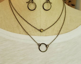 Antiqued Brass Ring and Disc Double Chain Pendant Necklace, Bronze Ring Necklace, Bronze Circle Pendant, Layered Necklace