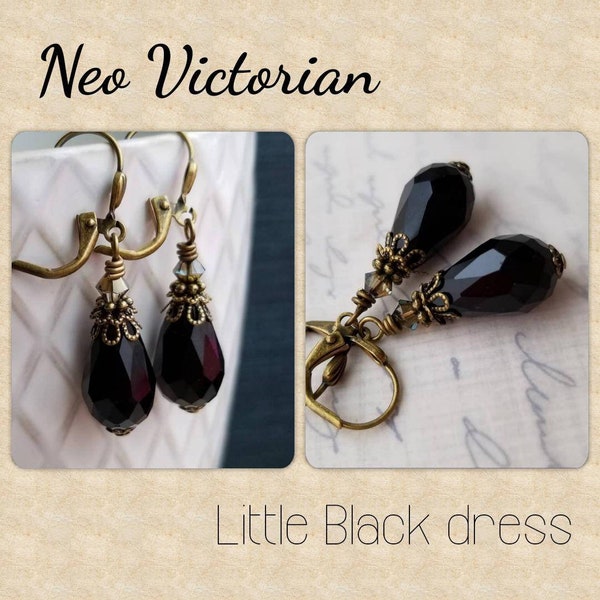 Vintage Black Dangle Earrings, Black Victorian Leverback Earrings, Black Drop Earirngs, Downton Abbey Black Dangle Earrings