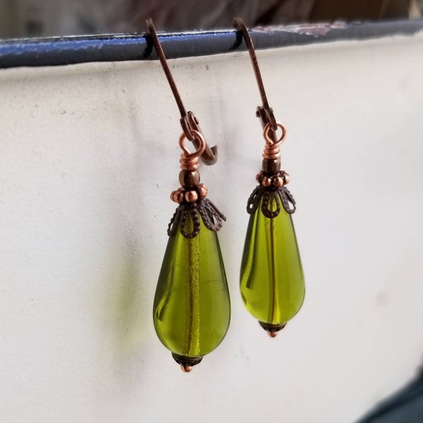 Olivine Green Glass Teardrop Earrings in Antiqued Copper, Antiqued Copper Olive Green Earrings, Long, Elegant, Olive, Green Glass, Willow