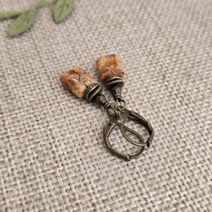 Rustic Orange Turquoise Rectangular Earrings in Antiqued Brass, Boho Tangerine Geometric Drops in Bronze Leverback