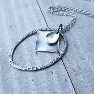 Long Boho Antiqued Silver Minimal Layering Necklace, Steampunk, Minimal Oval Ring Pendant, Silver Chain, Skinny Chain image 4