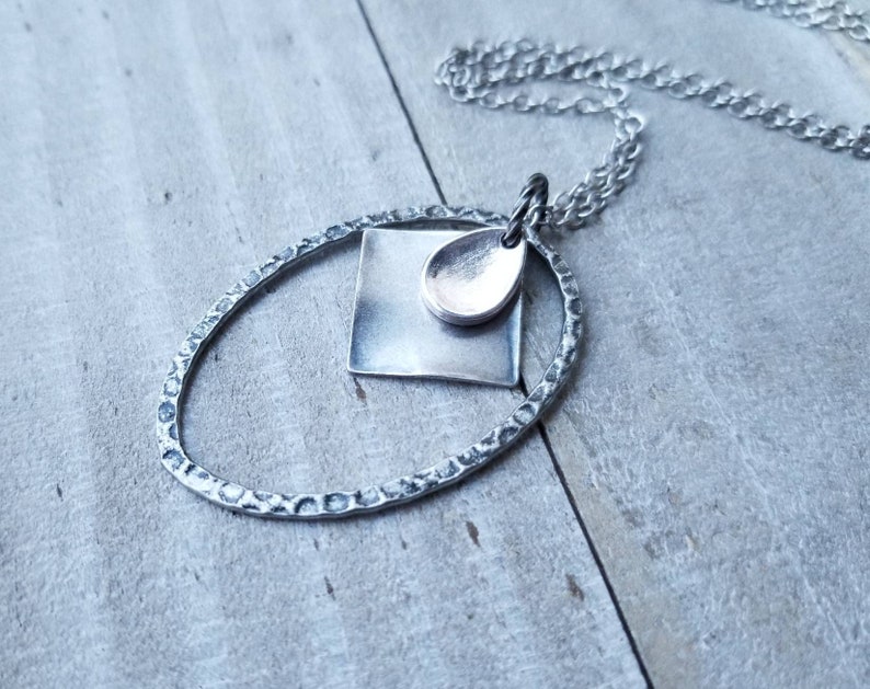 Long Boho Antiqued Silver Minimal Layering Necklace, Steampunk, Minimal Oval Ring Pendant, Silver Chain, Skinny Chain image 4