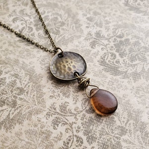 Smoky Brown Czech Glass Antiqued Brass Boho Necklace, Wire Wrapped Brown Czech Glass Pendant, Long Boho, Root Beer Brown Pendant, Layering