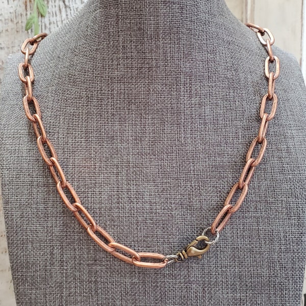 Rustic Mixed Metals Copper Silver Bronze Paperclip Link Chain Necklace with Front Clasp, Mixed Metals Paperclip Chain Necklace