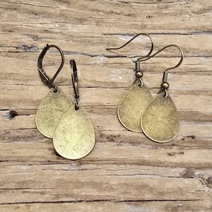 Minimalist Antiqued Brass Flat Teardrop Earrings: Lightweight Bronze Style, Rustic