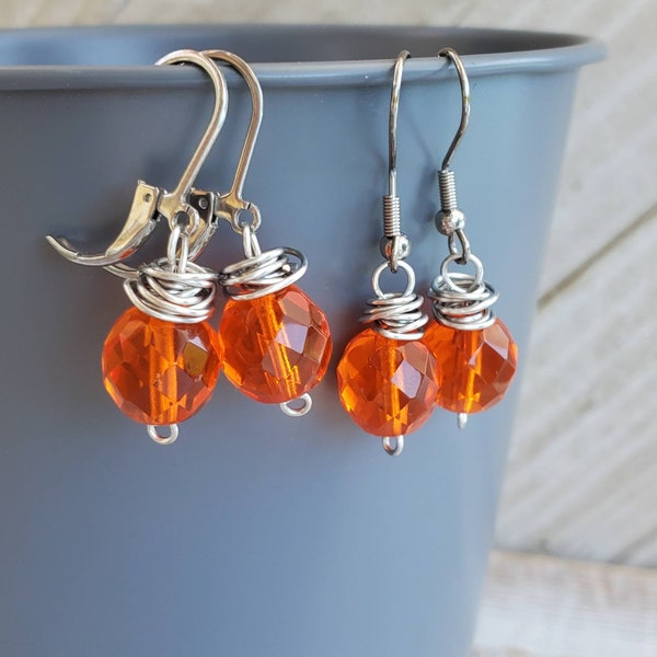 Transparent Orange Glass Dangle Earrings, Bright Orange Glass Dangle Earrings, UVA Orange Earrings