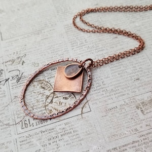 Long Boho Antiqued Copper Minimal Layering Necklace, Steampunk, Minimal Oval Ring Pendant, Copper Chain, Hammered Copper