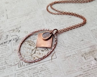 Long Boho Antiqued Copper Minimal Layering Necklace, Steampunk, Minimal Oval Ring Pendant, Copper Chain, Hammered Copper