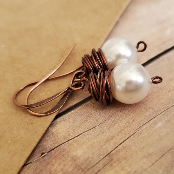 White Pearl Earrings in Copper, Wire Wrapped White Pearl Earrings, Antiqued Copper Pearl Earrings, White Pearl Earrings