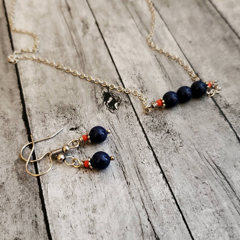 Blue and Orange Necklace, Blue Pearl Bar Necklace, UVA Cavalier Team Spirit Jewelry, Blue and Orange Bar Necklace image 5