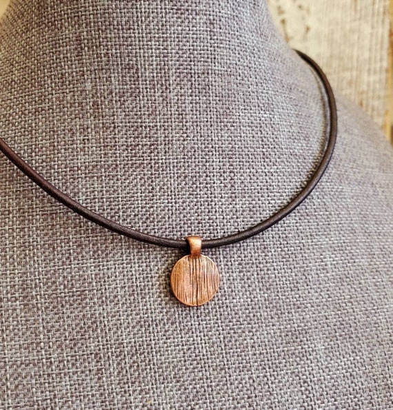 Minimal Copper Disc Leather Necklace Leather Choker Short Leather and Copper Necklace Minimal Antiqued Copper Disc Necklace stacking