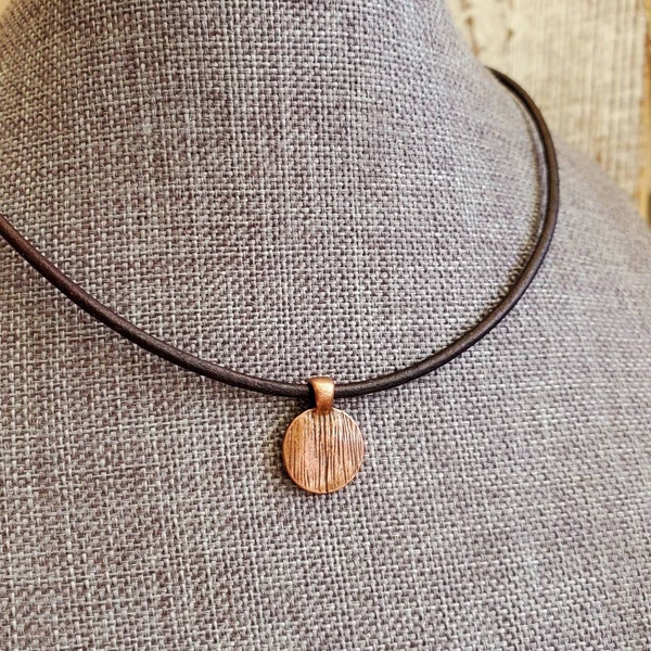 Boho Rustic Copper Disc Brown or Black Leather Choker Necklace