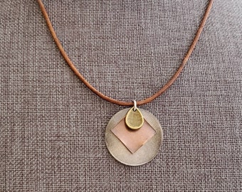 Mixed Metals Leather Necklace, Copper Brass Silver Leather Choker, Short Leather and Mixed Metals Necklace, Steampunk Disc Leather Necklace