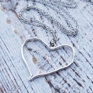 Silver Open Heart Pendant Necklace: Long Minimalist Style