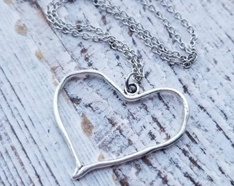 Silver Open Heart Necklace, Long Heart Pendant Necklace, Antique Silver Open Heart Necklace, Open Heart Pendant, Your Length