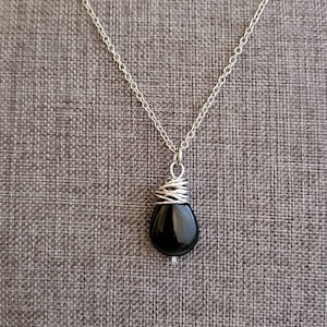 Black Onyx Teardrop Pendant Necklace: Antiqued Silver Wire Wrapped Gemstone