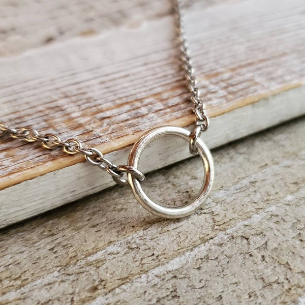 Minimal Silver Ring Necklace, Antiqued Silver Ring Necklace, Silver Ring Necklace, Short Silver Necklace, Minimal, Rustic, Stacking Necklace