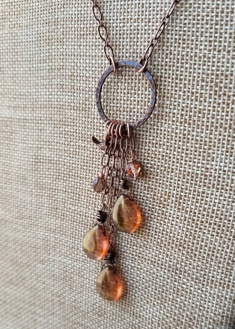 Rustic Copper Glass Teardrop Pendant, Rustic Transparent Copper Necklace, Rustic Copper Necklace, Copper, Boho, Wire Wrapped, Burnt Orange image 9