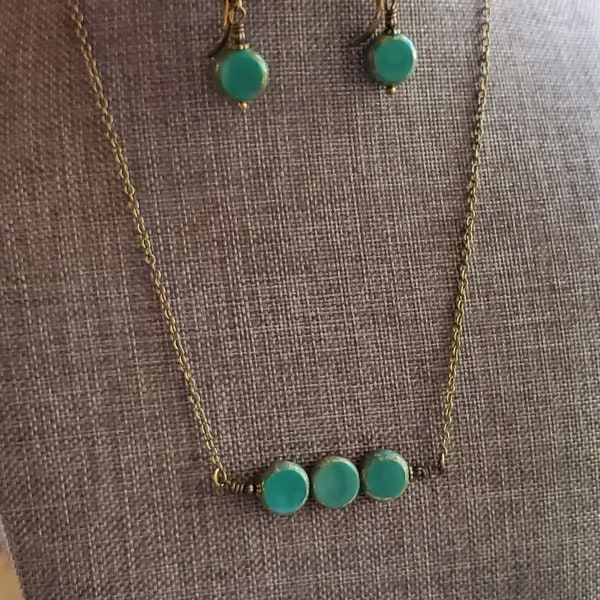 Turquoise Blue Bar Necklace in Antiqued Brass, Turquoise Blue Czech Glass Bar Necklace, Rustic Teal Minimal Necklace and Earrings