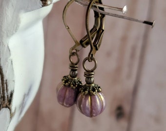 Petite Purple Pumpkin Drop Earrings in Antiqued Brass, Iridescent Amethyst Plum Mauve Earrings in Antiqued Brass