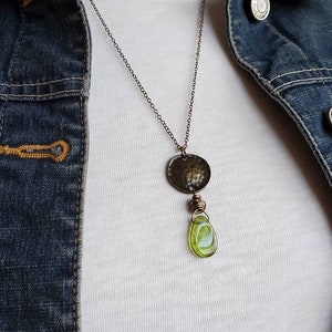 Olive Czech Glass Pendant Necklace: Antiqued Brass Boho Jewelry