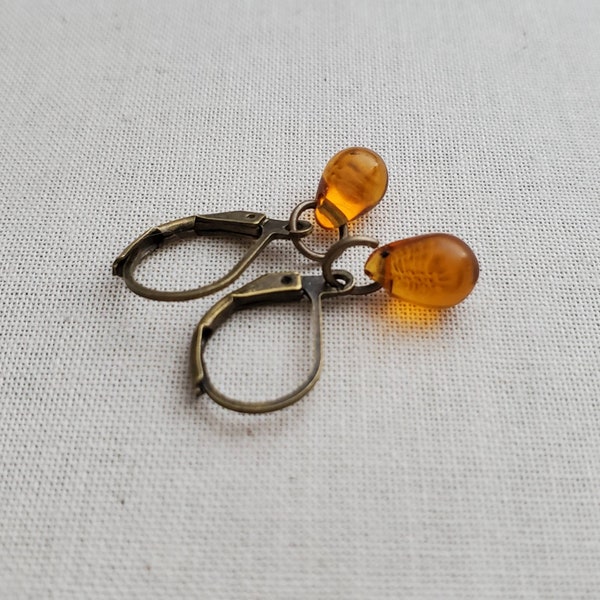 Petite Czech Glass Transparent Amber Teardrop Earrings in Antiqued Brass, Rustic Copper Teardrop Earrings, Petite, Earthy, Antiqued Brass