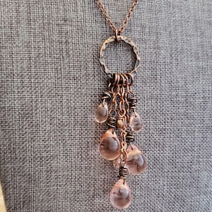Vintage Pink Czech Glass Pendant Necklace: Antique Copper Rosaline Cluster