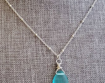 Matte Sea Foam Czech Glass Teardrop Pendant: Antiqued Silver Wire Wrapped Necklace