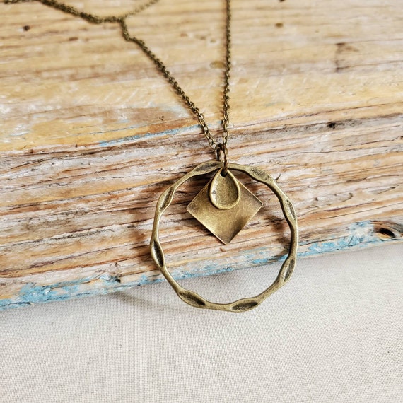 Long Boho Antiqued Brass Minimal Layering Necklace, Steampunk