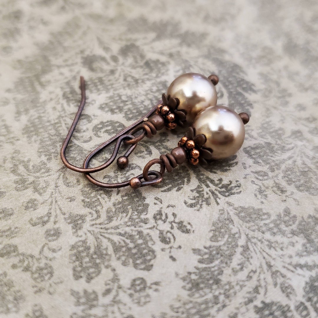 Bronze Pearl Earrings in Copper, Brown Pearl Earrings, Antiqued Copper