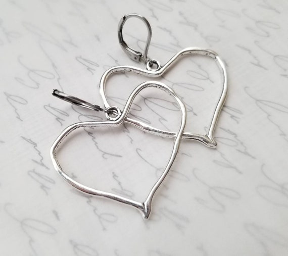 Large Silver Heart Earrings Rustic Silver Heart Earrings Large