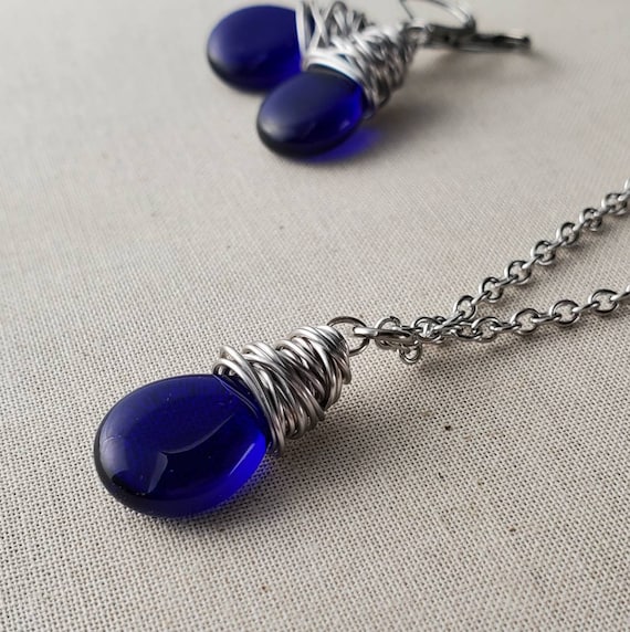 Cobalt Blue Glass Teardrop Pendant 