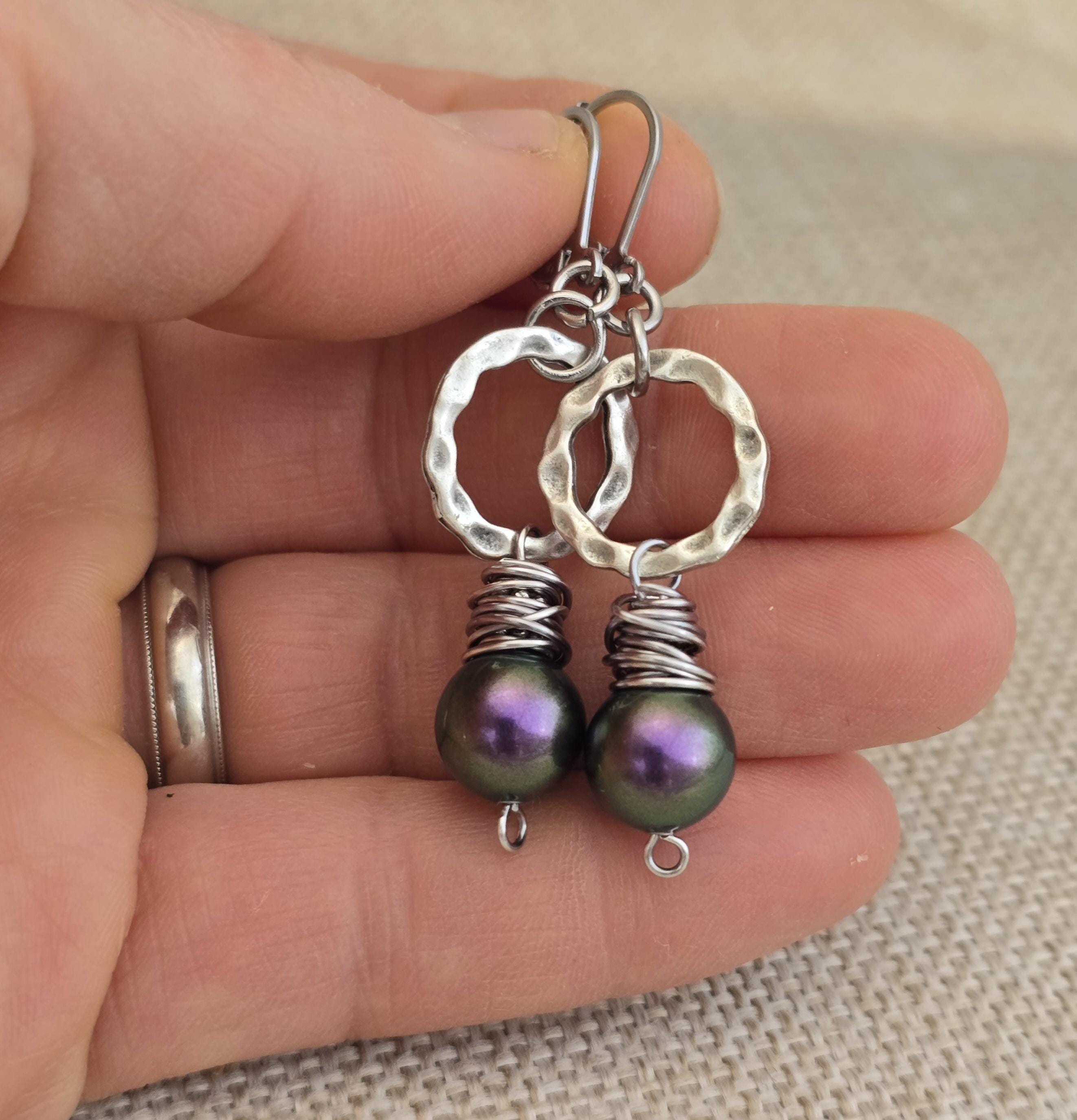 Boucles D'oreilles Vintage Bohème Métal Argenté Et Perles Violettes - Neuf Sans Emballage