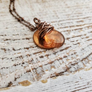 Rustic Copper Glass Teardrop Pendant, Rustic Transparent Copper Necklace, Rustic Copper Necklace, Copper, Boho, Wire Wrapped, Burnt Orange image 6