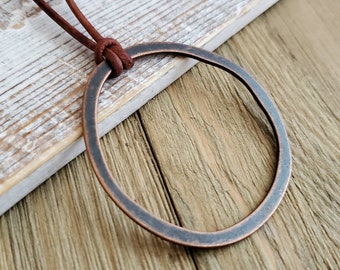 Long Boho Leather Copper Circle Necklace, Boho Vintage Copper Circle Pendant on Leather, Adjustable