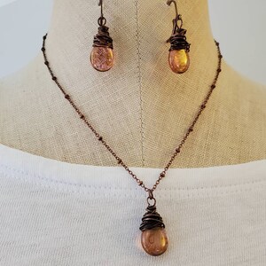 Rustic Copper Glass Teardrop Pendant, Rustic Transparent Copper Necklace, Rustic Copper Necklace, Copper, Boho, Wire Wrapped, Burnt Orange image 8