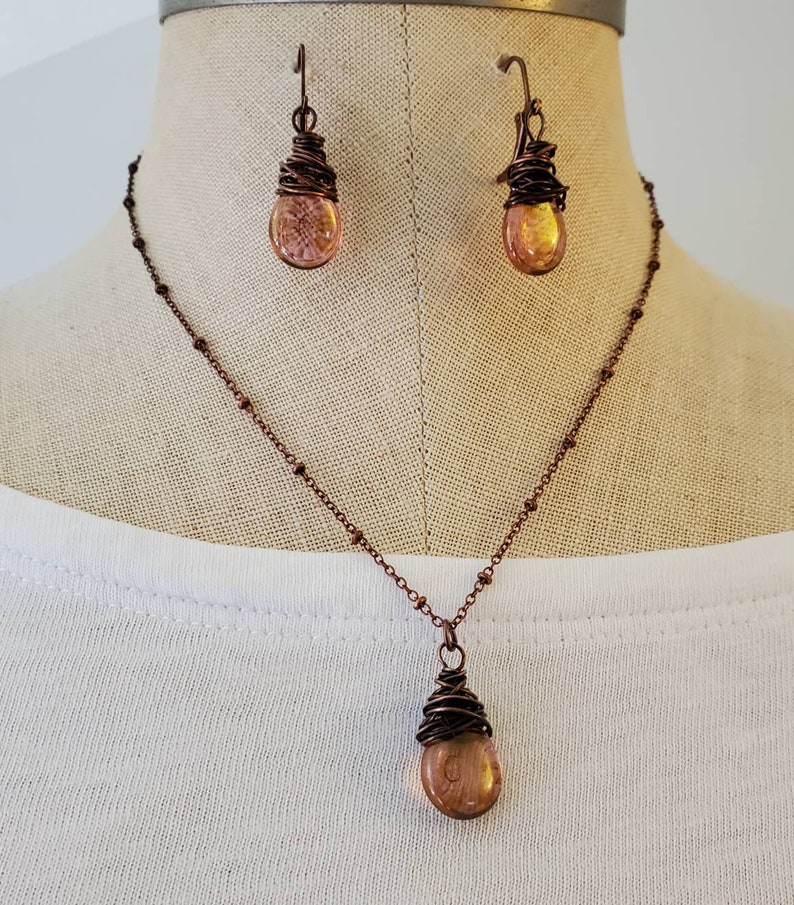 Rustic Copper Glass Teardrop Pendant, Rustic Transparent Copper Necklace, Rustic Copper Necklace, Copper, Boho, Wire Wrapped, Burnt Orange image 8