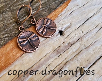 Antiqued Copper Dragonfly Disc Earrings in Copper, Dragonfly Embossed Copper Earrings