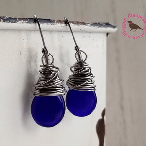 Translucent Cobalt Teardrop Earrings, Cobalt Blue Glass Teardrop Earrings, Cobalt Blue Wire Wrapped Earrings, Antiqued Silver image 7