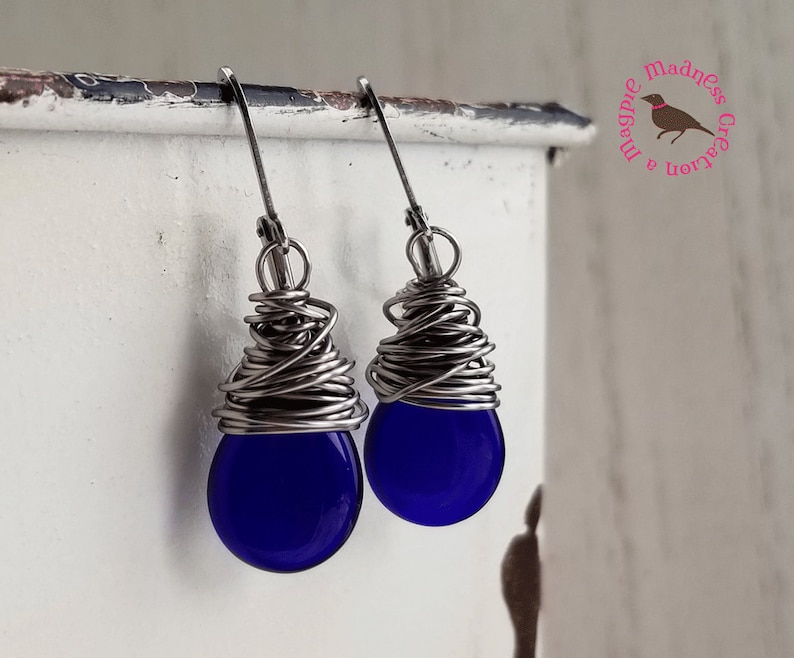 Translucent Cobalt Teardrop Earrings, Cobalt Blue Glass Teardrop Earrings, Cobalt Blue Wire Wrapped Earrings, Antiqued Silver image 7