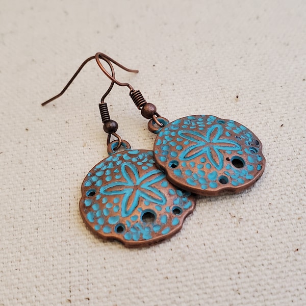 Boho Verdigris Copper Sand Dollar Disc Earrings, Verdigris Copper Sand-dollar Earring, Steampunk, Minimal San Dollar Disc Earrings