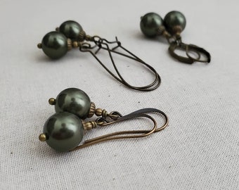 Olive Green Pearl Earrings in Antiqued Brass, Olive Green Earrings, Vintage Brass, Dark Green Swarovski Pearl Earrings, Dark Green