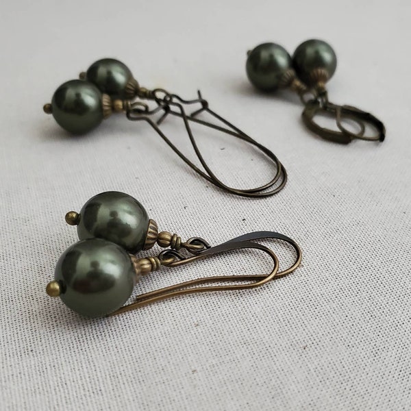 Olive Green Pearl Earrings in Antiqued Brass, Olive Green Earrings, Vintage Brass, Dark Green Swarovski Pearl Earrings, Dark Green