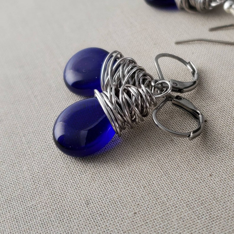 Translucent Cobalt Teardrop Earrings, Cobalt Blue Glass Teardrop Earrings, Cobalt Blue Wire Wrapped Earrings, Antiqued Silver image 5