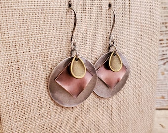 Steampunk Mixed Metal Stacked Disc Dangle Earrings: Brass, Copper & Silver Layers