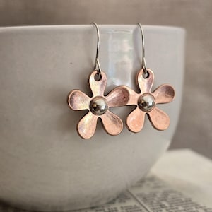 Boho Copper Daisy Earrings, Mixed Metal Flower Drops