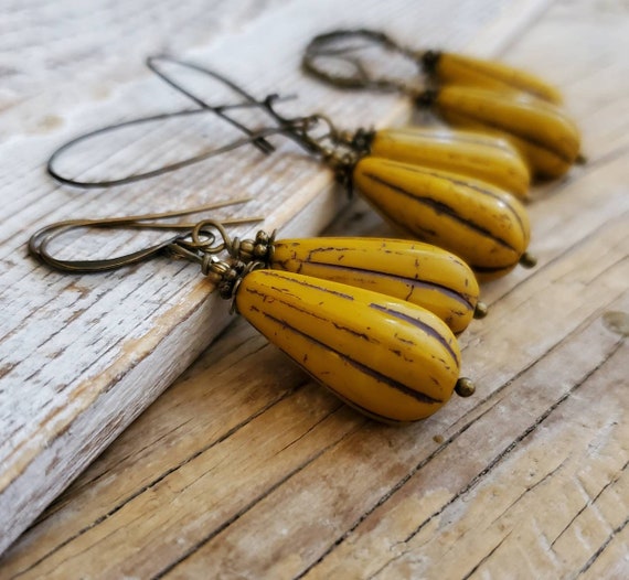 Dark Yellow Earrings in Vintage Brass Golden Melon Czech Glass